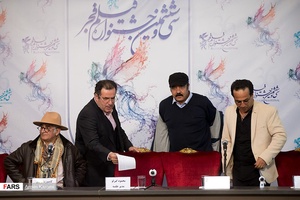 از راست: رامین راستاد، سعید آقاخانی، محمد گبرلو و کامبوزیا پرتوی در اولین روز سی و ششمین جشنواره فیلم فجر 