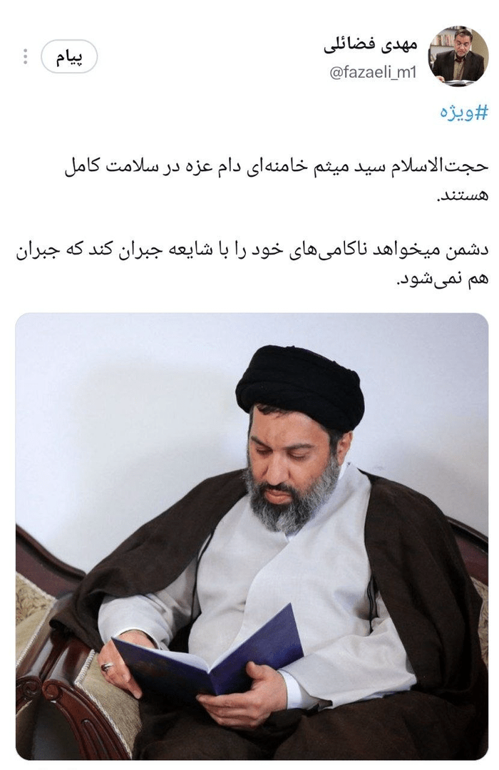 فضائلی : حجت‌الاسلام سید میثم خامنه‌ای در سلامت کامل هستند