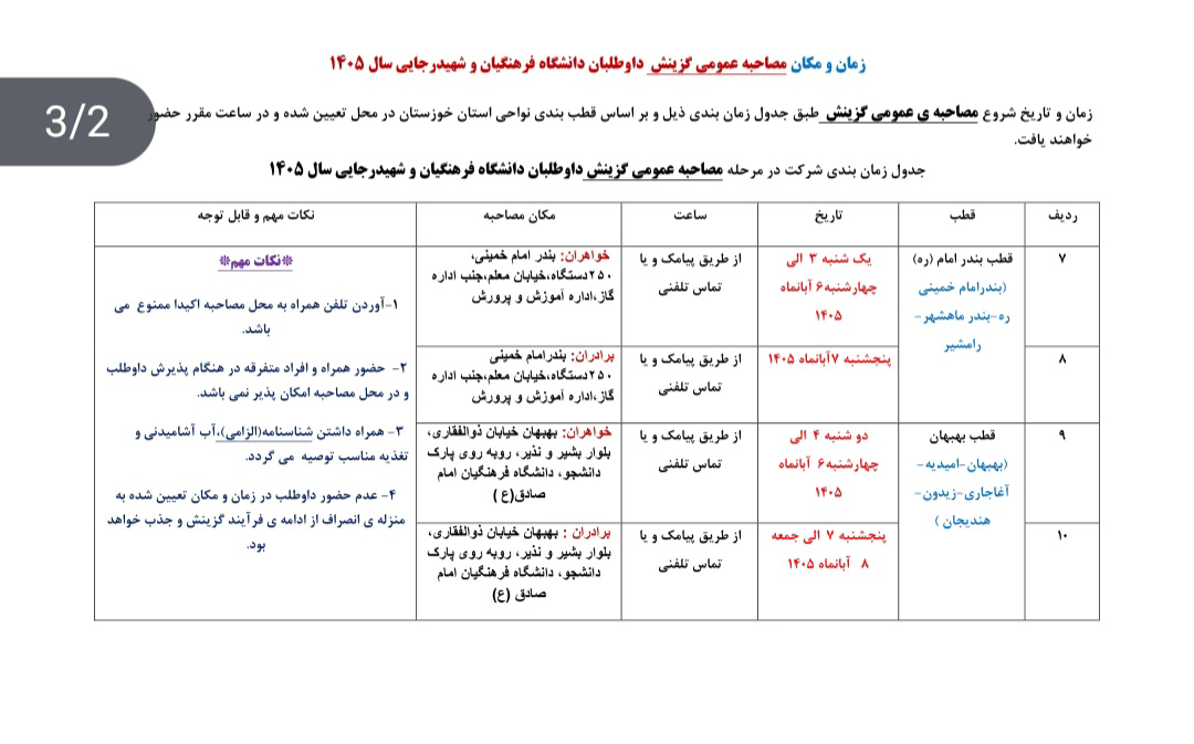 جدول زمان‌بندی و مکان مصاحبه عمومی گزینش داوطلبان دانشگاه فرهنگیان و شهیدرجایی  1405 استان خوزستان