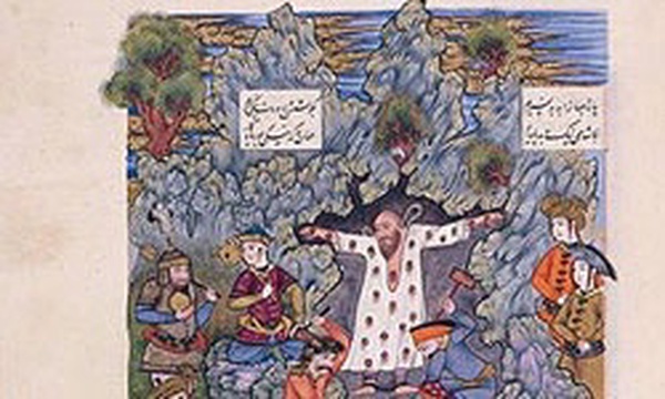 برگی از شاهنامه بایسنقری، ضحاک  در کوه دماوند