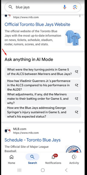 کادر Ask anything in AI Mode
