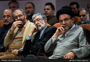 حضور غلامعلی حداد عادل رئیس فرهنگستان زبان و ادب فارسی و حجت الاسلام دکتر سید مهدی خاموشی و محسن مومنی شریف رئیس حوزه هنری در مراسم نکوداشت مرتضی سرهنگی