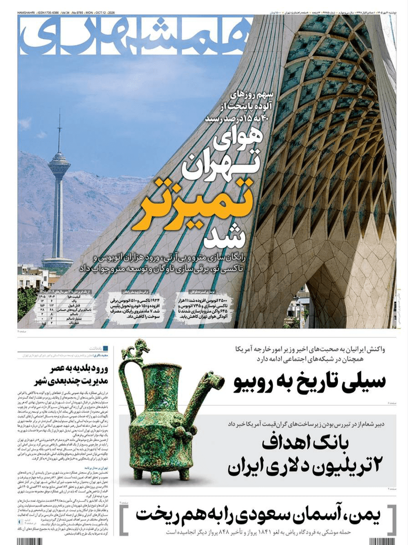 صفحه اول روزنامه‌های دوشنبه ۲۰ مهر ۱۴۰۵