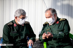 سردار اسماعیل قاآنی فرمانده نیروی قدس سپاه پاسداران و سردار علی فدوی جانشین فرمانده کل سپاه پاسداران در بزرگداشت سرلشگر شهید حجازی 