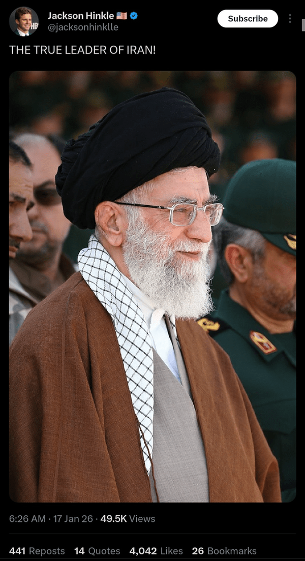 پست جکسون هینکل درباره رهبر جمهوری اسلامی ایران